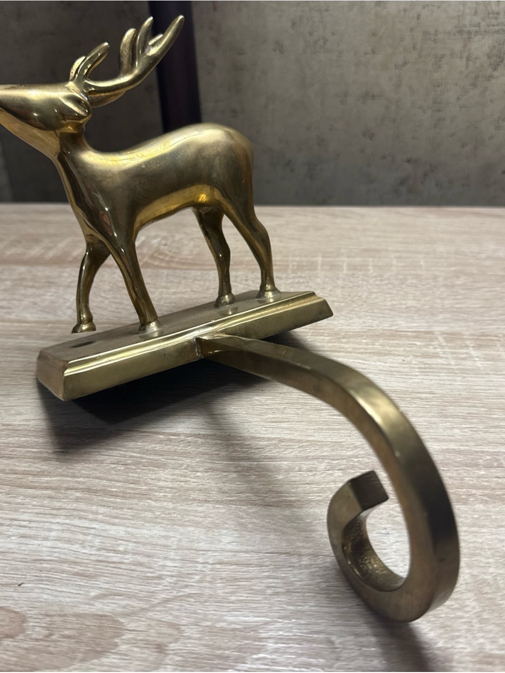 Vintage Brass Reindeer Stocking Holder with Curled Hook - Gold Tone